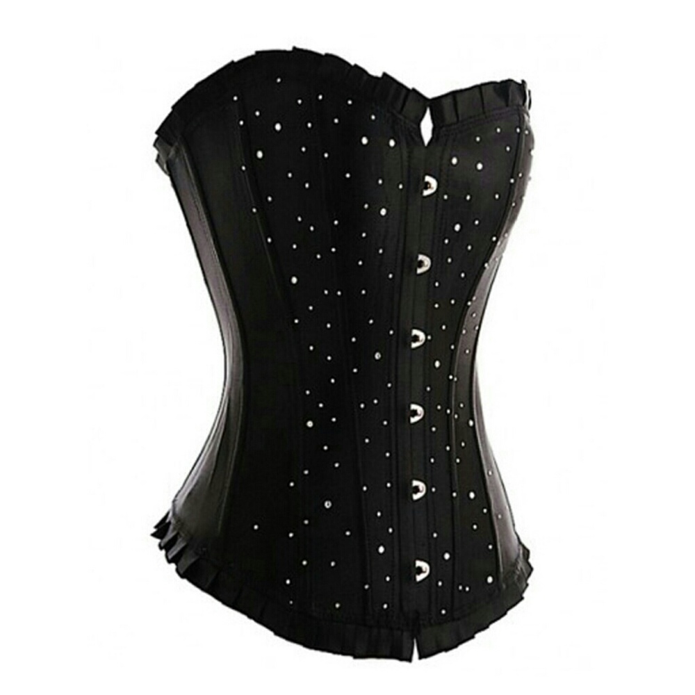 Rhinestone Front Black Satin Corset